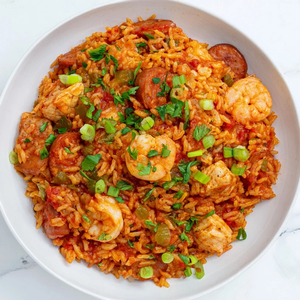 A hearty bowl of Creole Jambalaya with Chicken and Shrimp, featuring tender meat and bright vegetables on a fork.