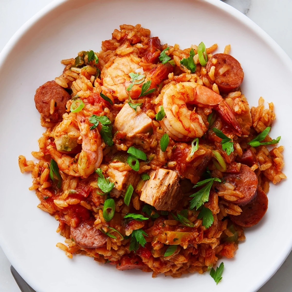 A close-up of spooning Creole Jambalaya with Chicken and Shrimp, revealing fluffy rice and juicy shrimp in rich sauce.