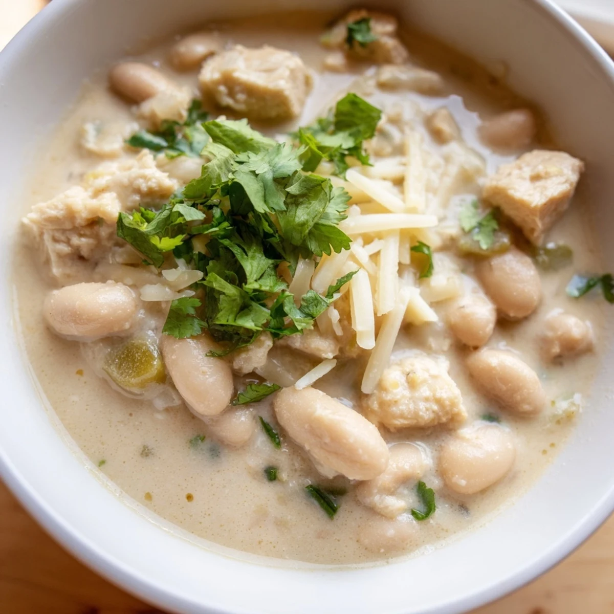 A steaming bowl of creamy White Chicken Chili with Great Northern beans, topped with cilantro and diced avocado for a cozy weeknight meal.