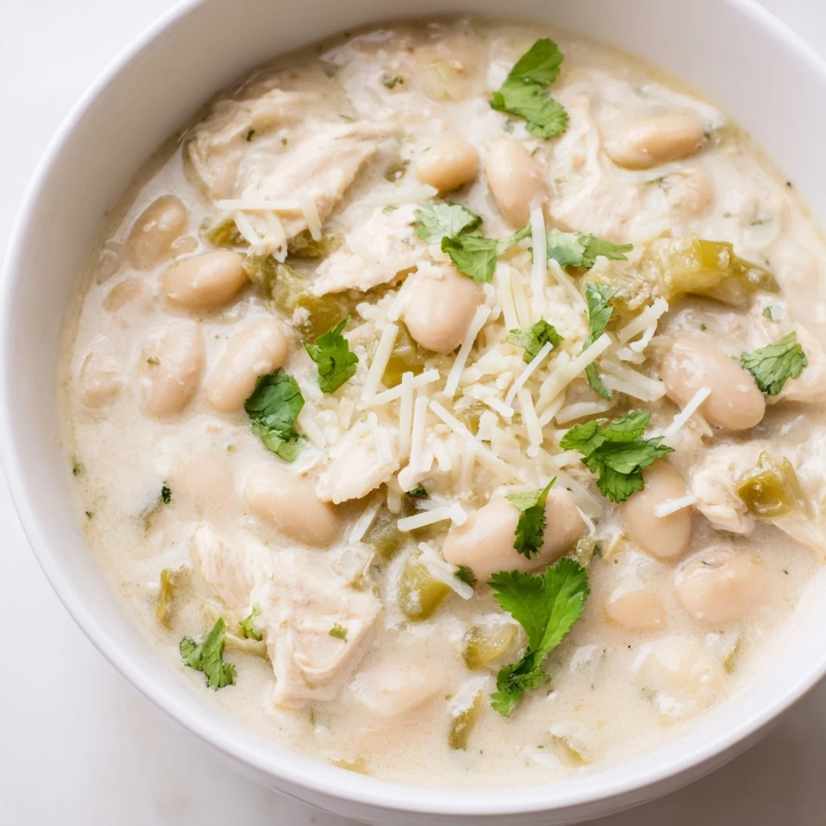 Spoon-ready White Chicken Chili featuring tender chicken, mild Great Northern beans, and green chiles in a creamy, aromatic broth.