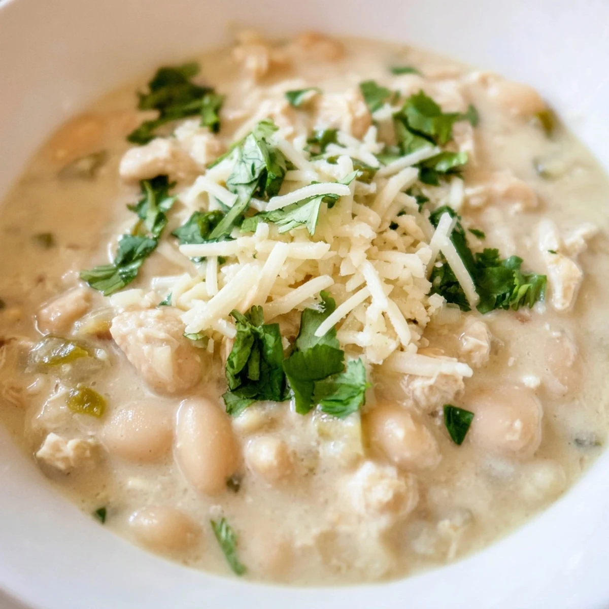 This comforting White Chicken Chili is garnished with Monterey Jack cheese and lime wedges, perfect with crunchy tortilla chips.