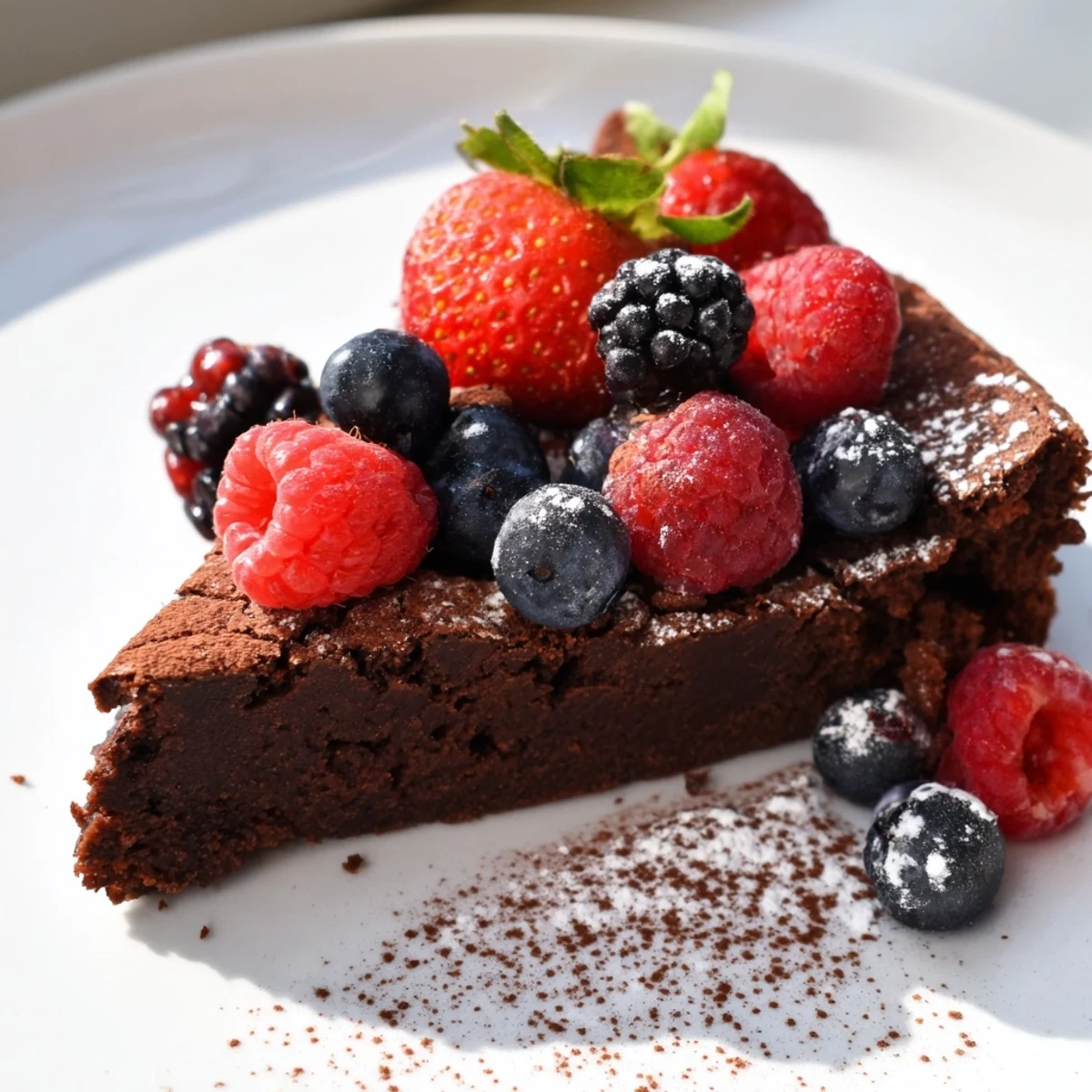 A slice of Decadent Flourless Chocolate Cake with Berries sits on a white plate, showcasing its fudgy texture and ruby-red berry medley.