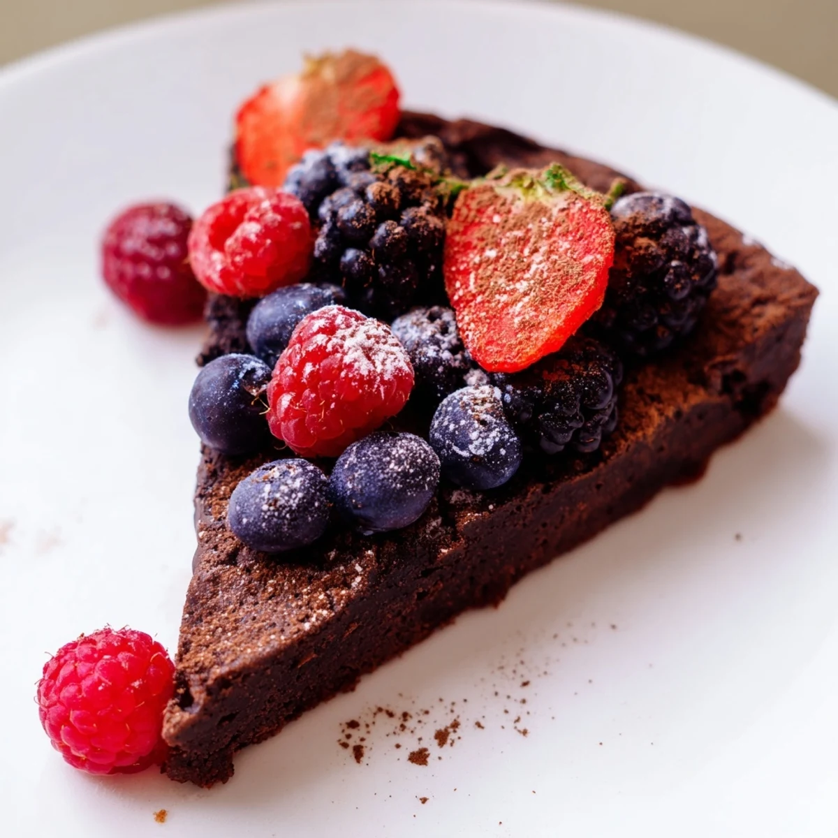 Decadent Flourless Chocolate Cake with Berries garnished with fresh raspberries and blueberries, perfect for a gluten-free dessert spread.