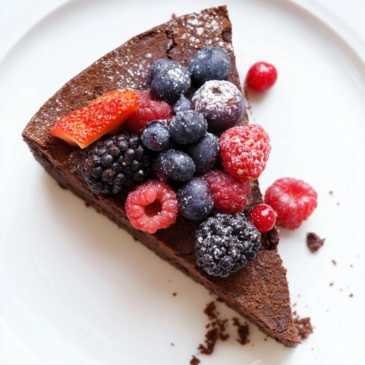 Moist, fudgy Decadent Flourless Chocolate Cake with Berries, topped with a colorful berry medley and a light dusting of powdered sugar.