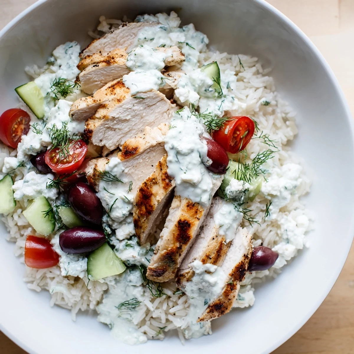 Juicy grilled chicken and creamy tzatziki sauce top fluffy rice in these vibrant Greek Chicken Gyro Bowls.