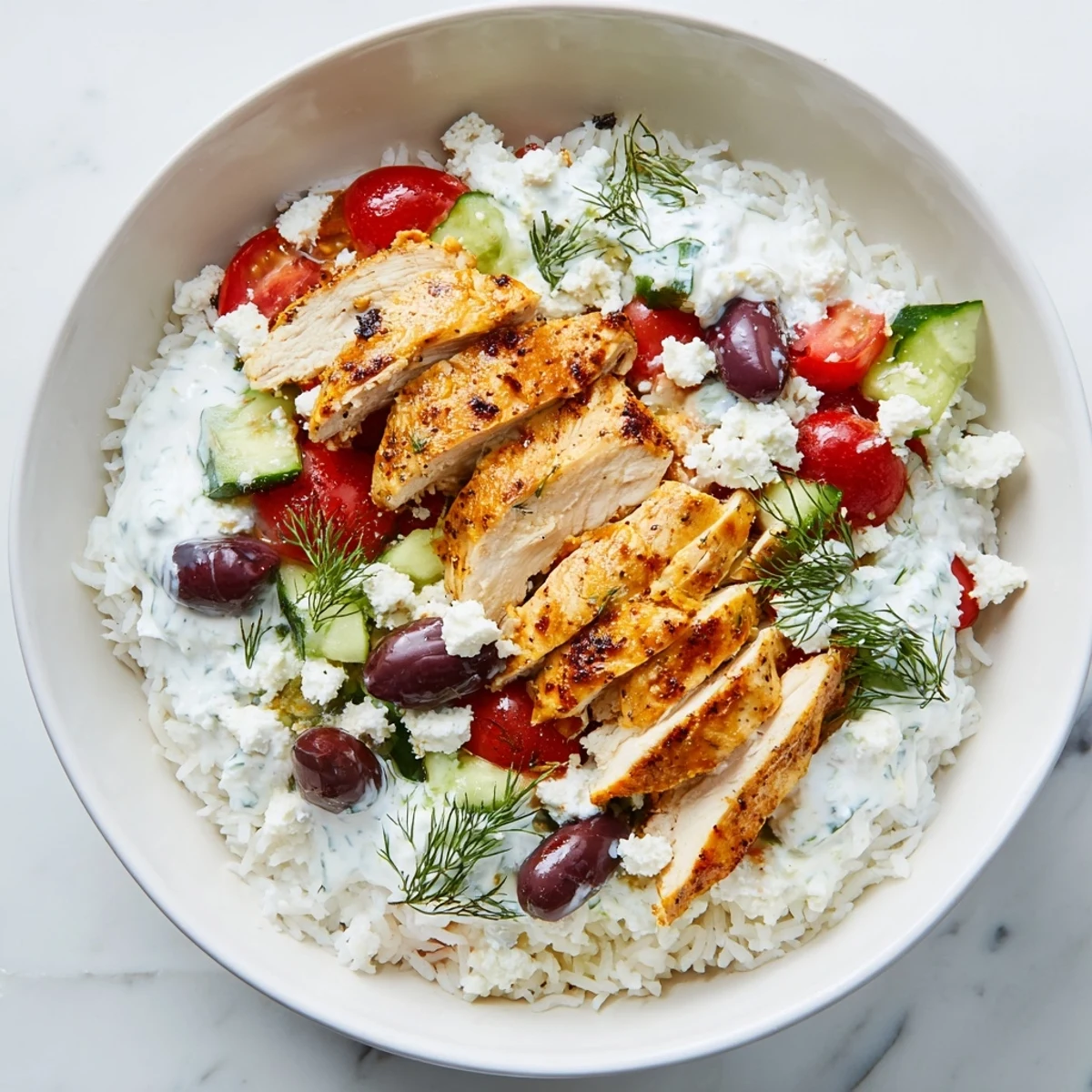 A close-up view shows crisp vegetables and crumbled feta for a fresh, Mediterranean-inspired meal.