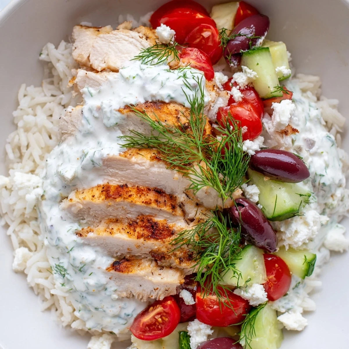 This colorful serving suggestion highlights tender marinated chicken, cool cucumber, and tangy olives over a hearty base.