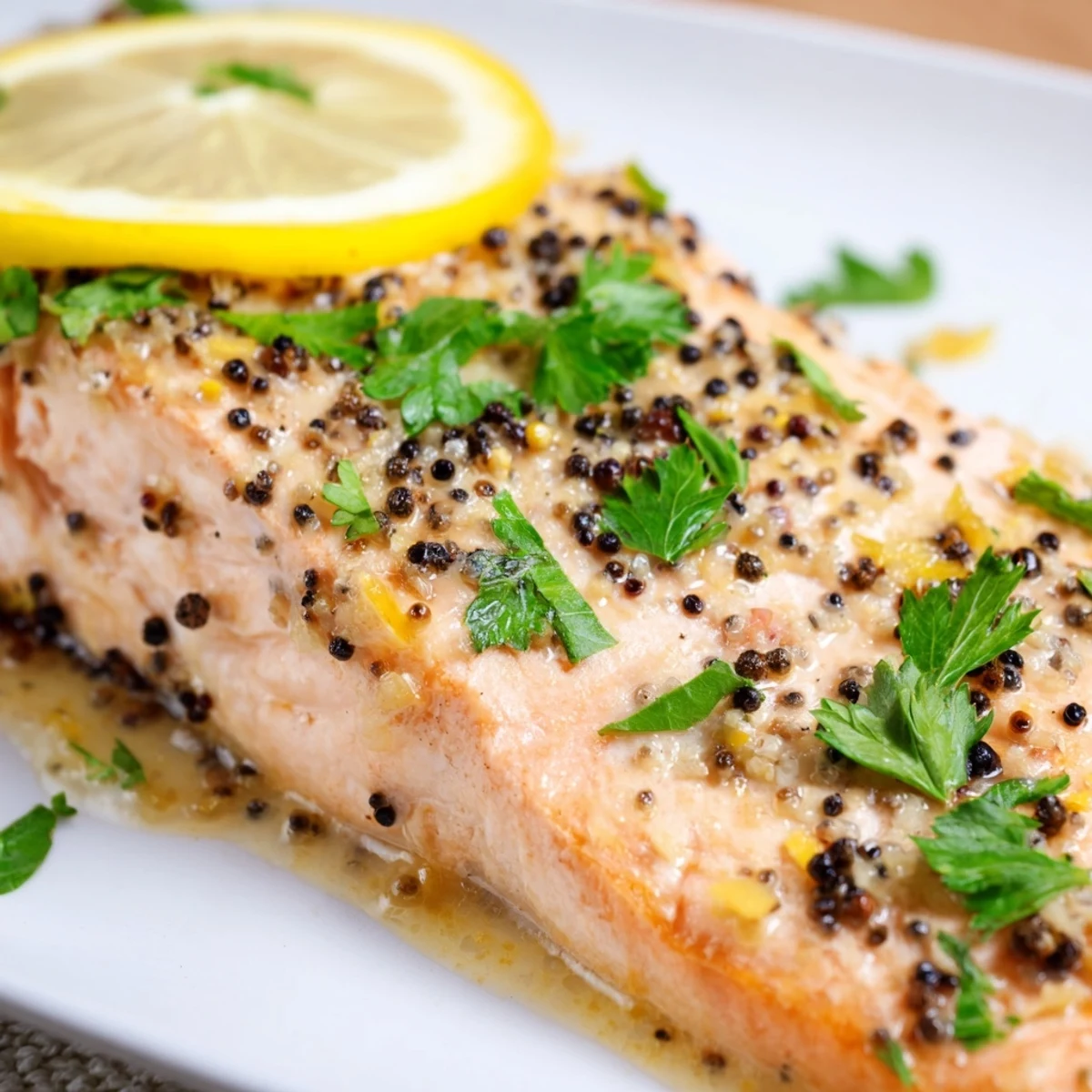 Tender baked salmon fillets with a bright lemon pepper crust, garnished with fresh parsley and served hot.  