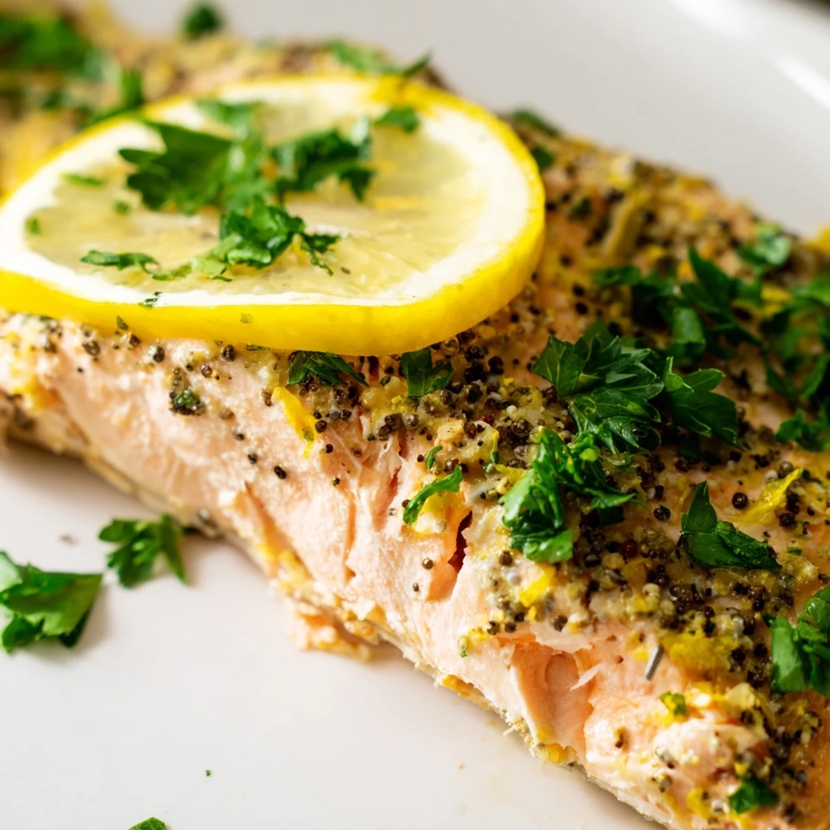 A close-up of golden, flaky salmon with zesty lemon pepper seasoning and olive oil glistening.  