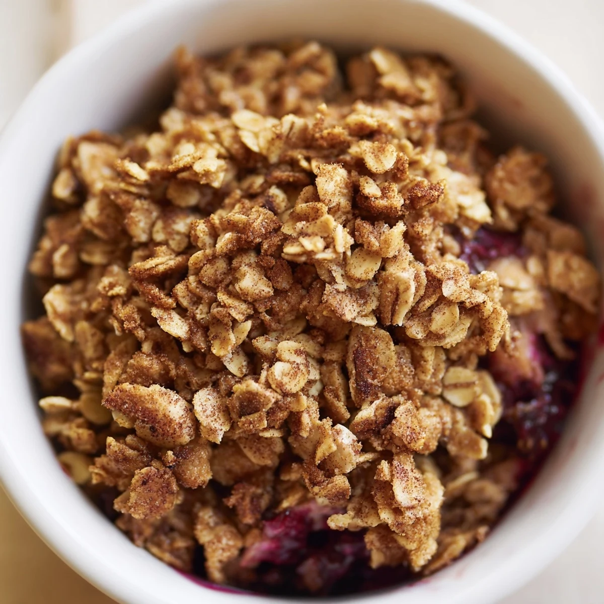 Golden-brown oat crumble topping bubbling over a vibrant mix of tart winter berries in a rustic baking dish.