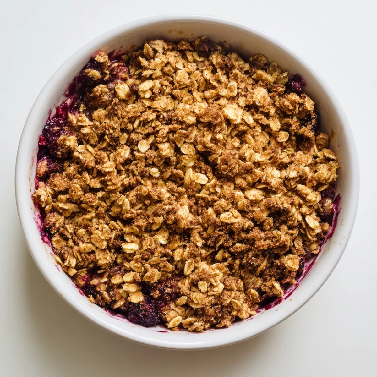 Warmly spiced Winter Berry Crumble with oats, served from a cozy baking dish ready for the oven.