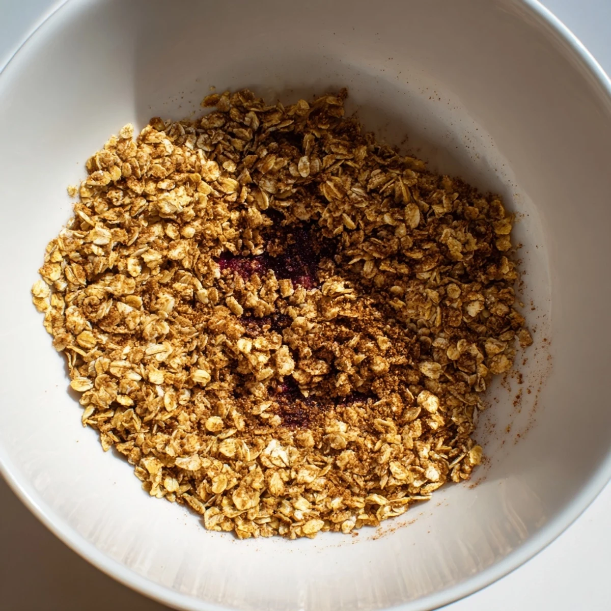 Heaping spoonful of juicy blackberries and blueberries beneath a crisp, buttery oat crumble, perfect with vanilla ice cream.