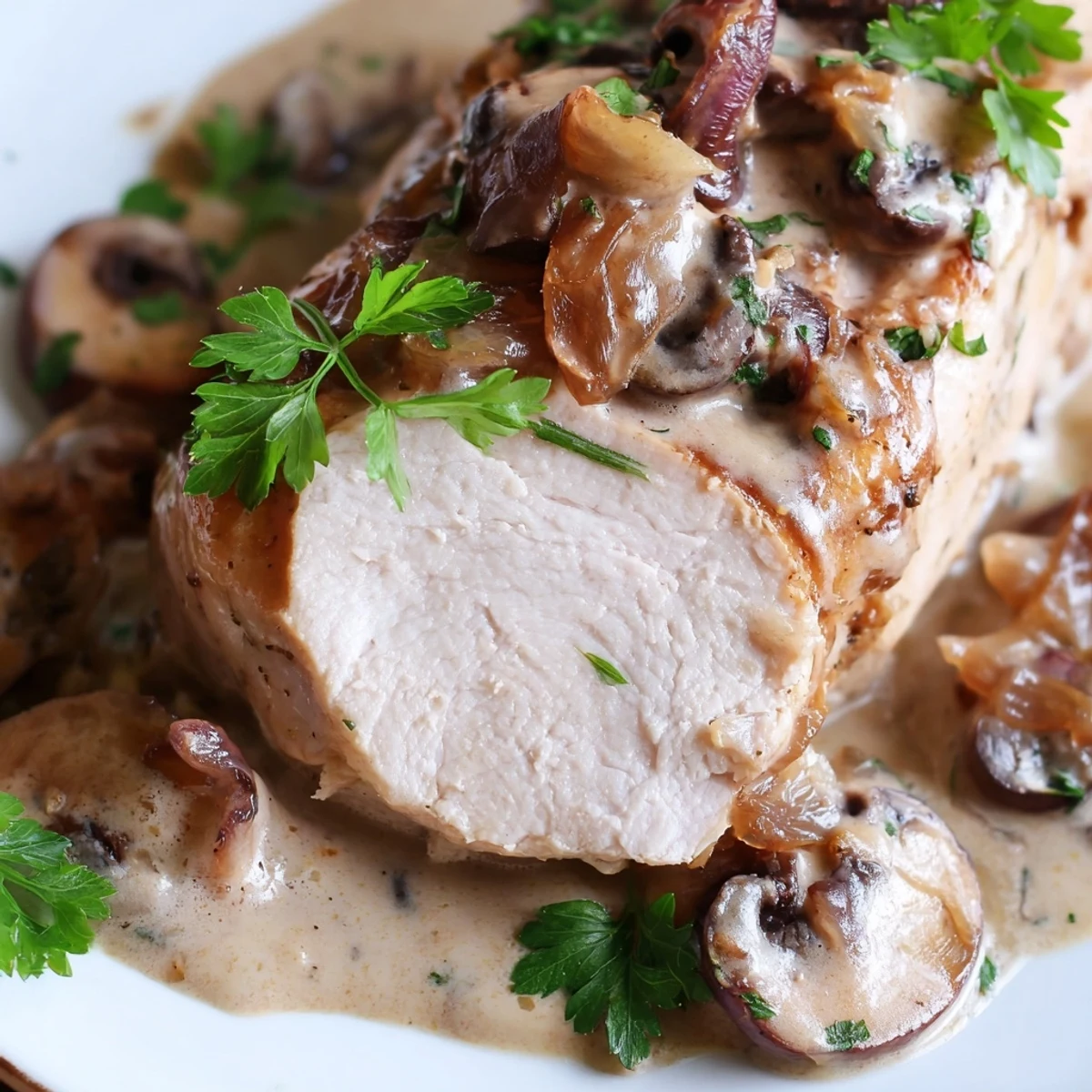 Juicy pan-seared chicken breasts swimming in a creamy garlic mushroom sauce, garnished with fresh parsley.