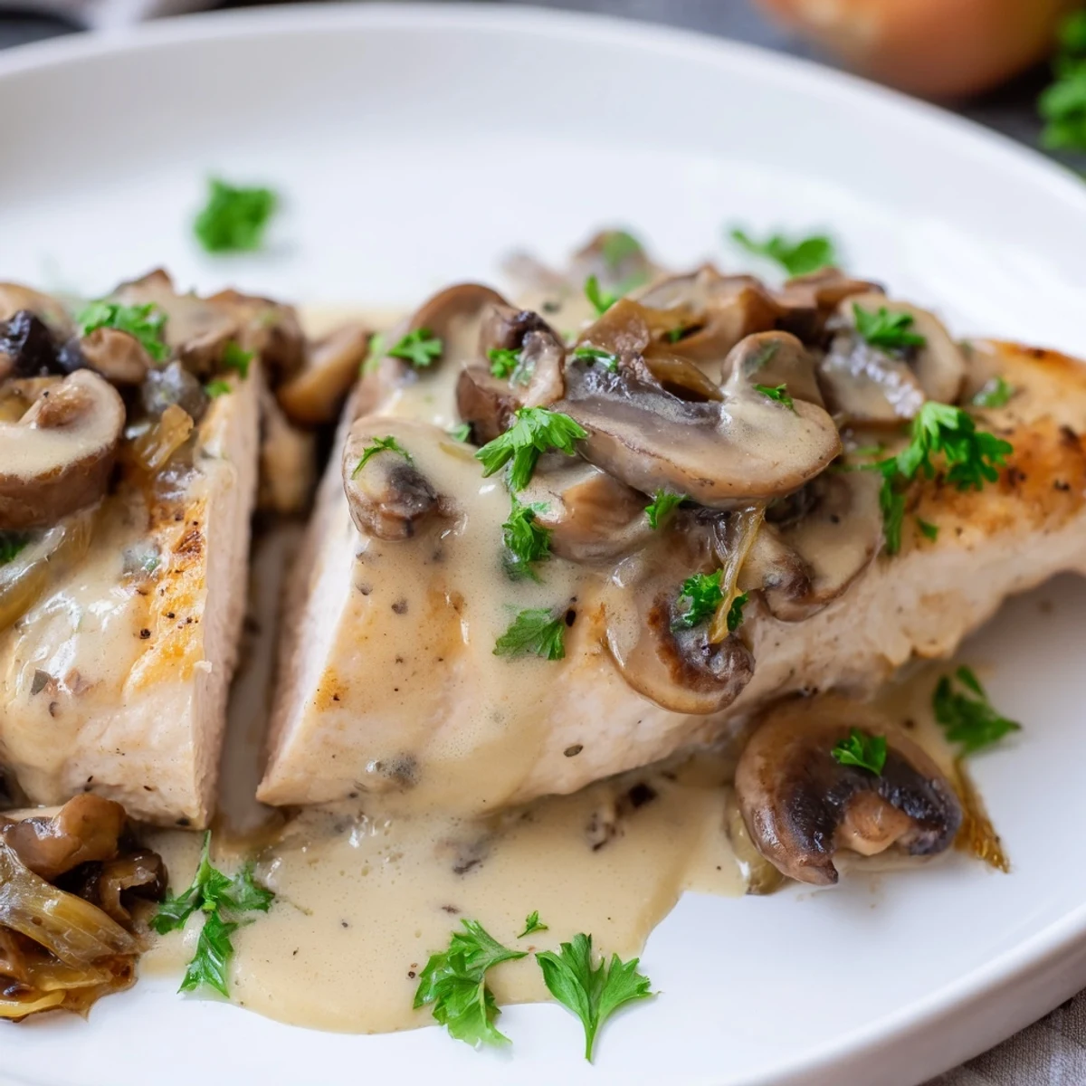 Savory Creamy Mushroom Chicken Skillet bubbling in a cast iron pan, served over fluffy mashed potatoes.