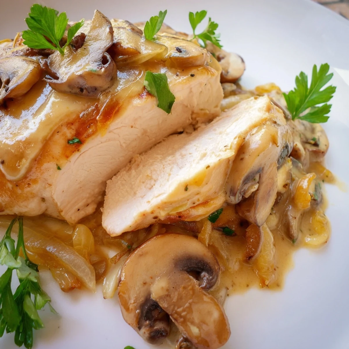 Tender golden chicken breasts smothered in a rich, thyme-infused mushroom cream sauce for a comforting dinner.