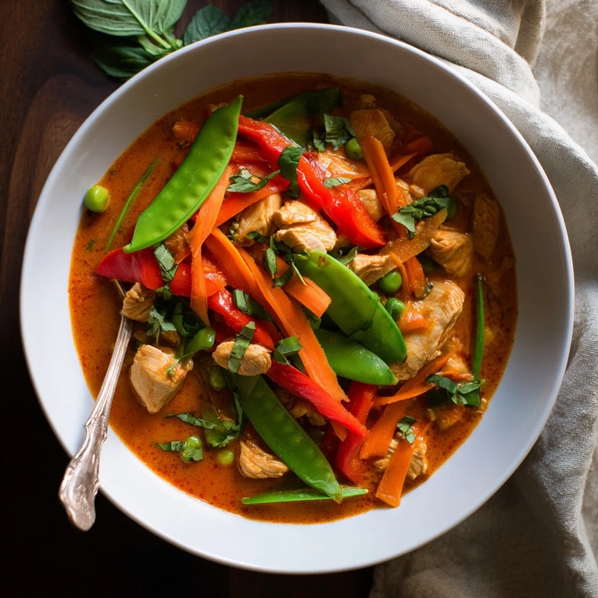 A vibrant bowl of Spicy Thai Red Curry with Chicken, featuring tender chicken, crisp bell peppers, and snow peas in a rich coconut broth.