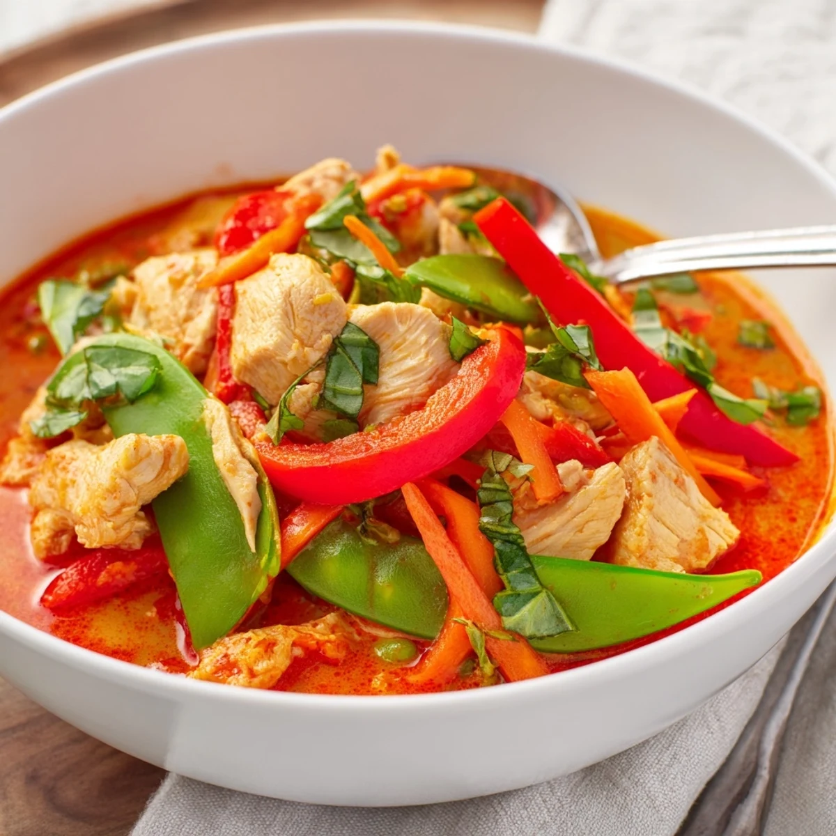 Tender chicken and colorful vegetables simmer in a creamy, spicy red curry sauce, making this Spicy Thai Red Curry a perfect weeknight meal.