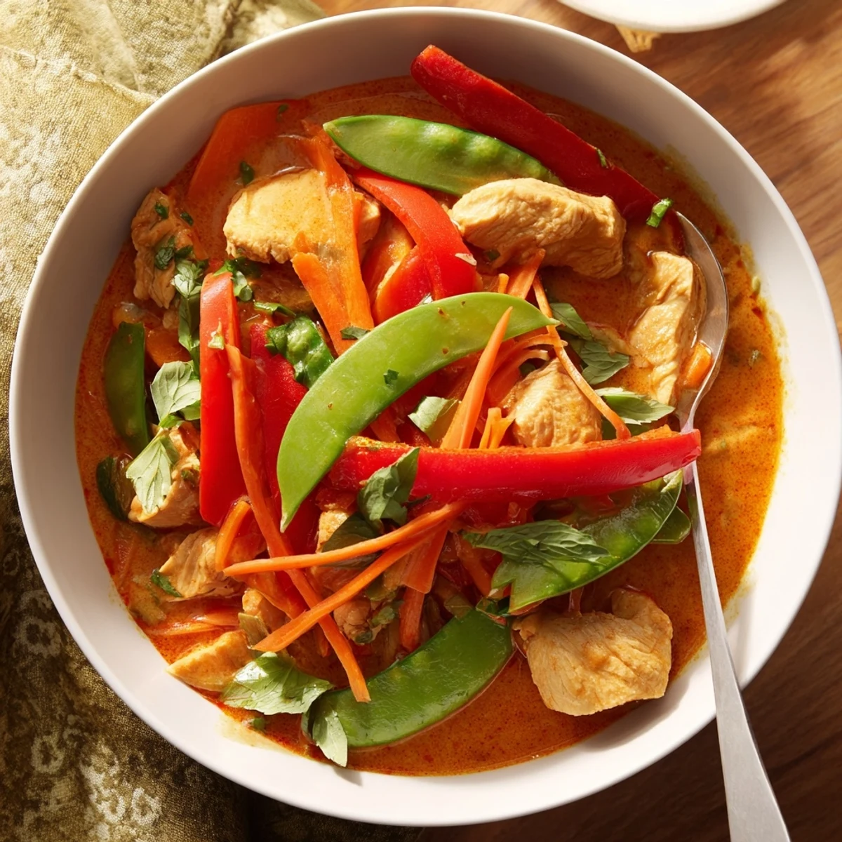 Garnished with Thai basil and fresh cilantro, this aromatic Spicy Thai Red Curry with Chicken steams beside fluffy jasmine rice.