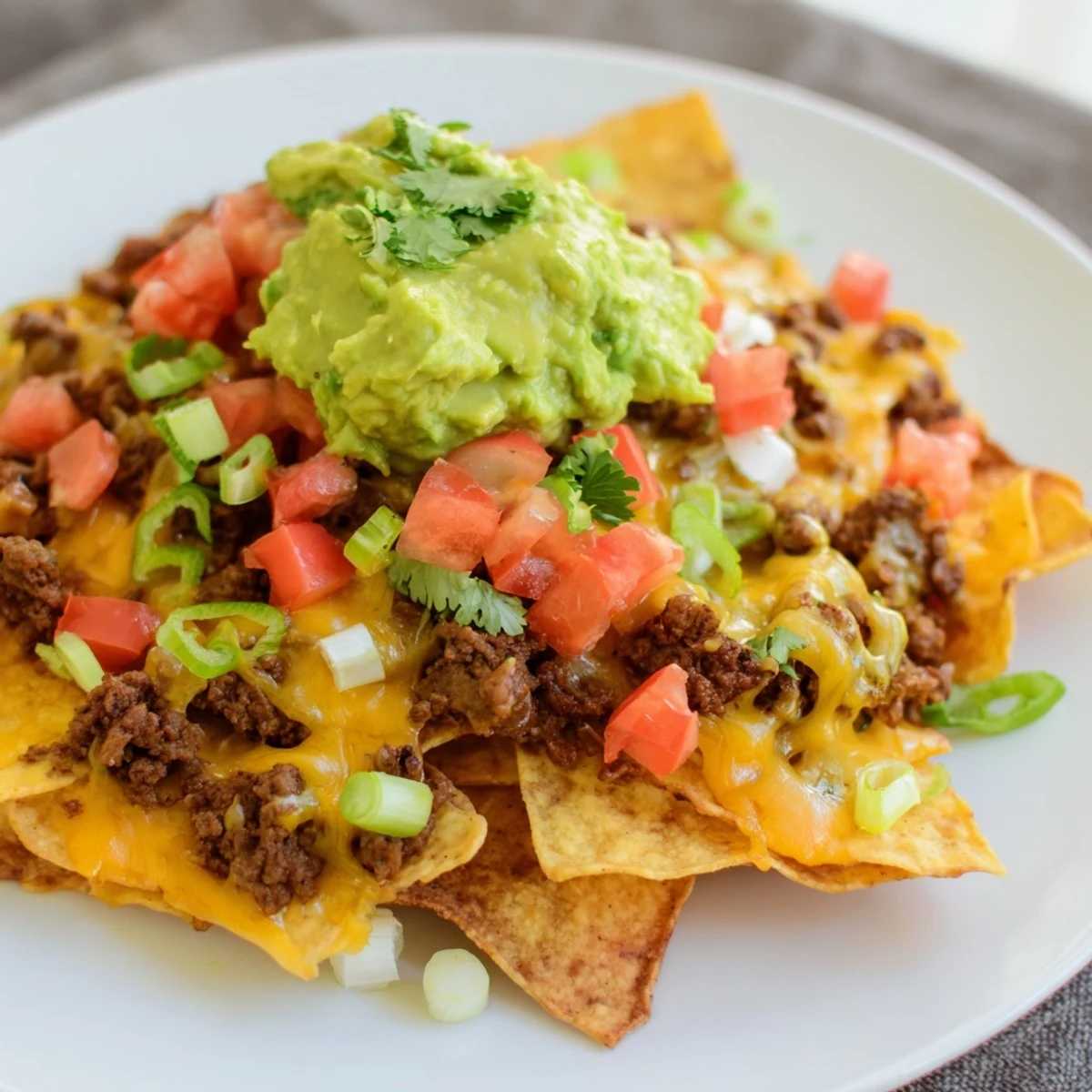 Crispy golden tortilla chips piled high with spiced ground beef, melted cheddar, and Monterey Jack, topped with fresh tomato and cilantro for classic Beef Nachos with Guacamole.