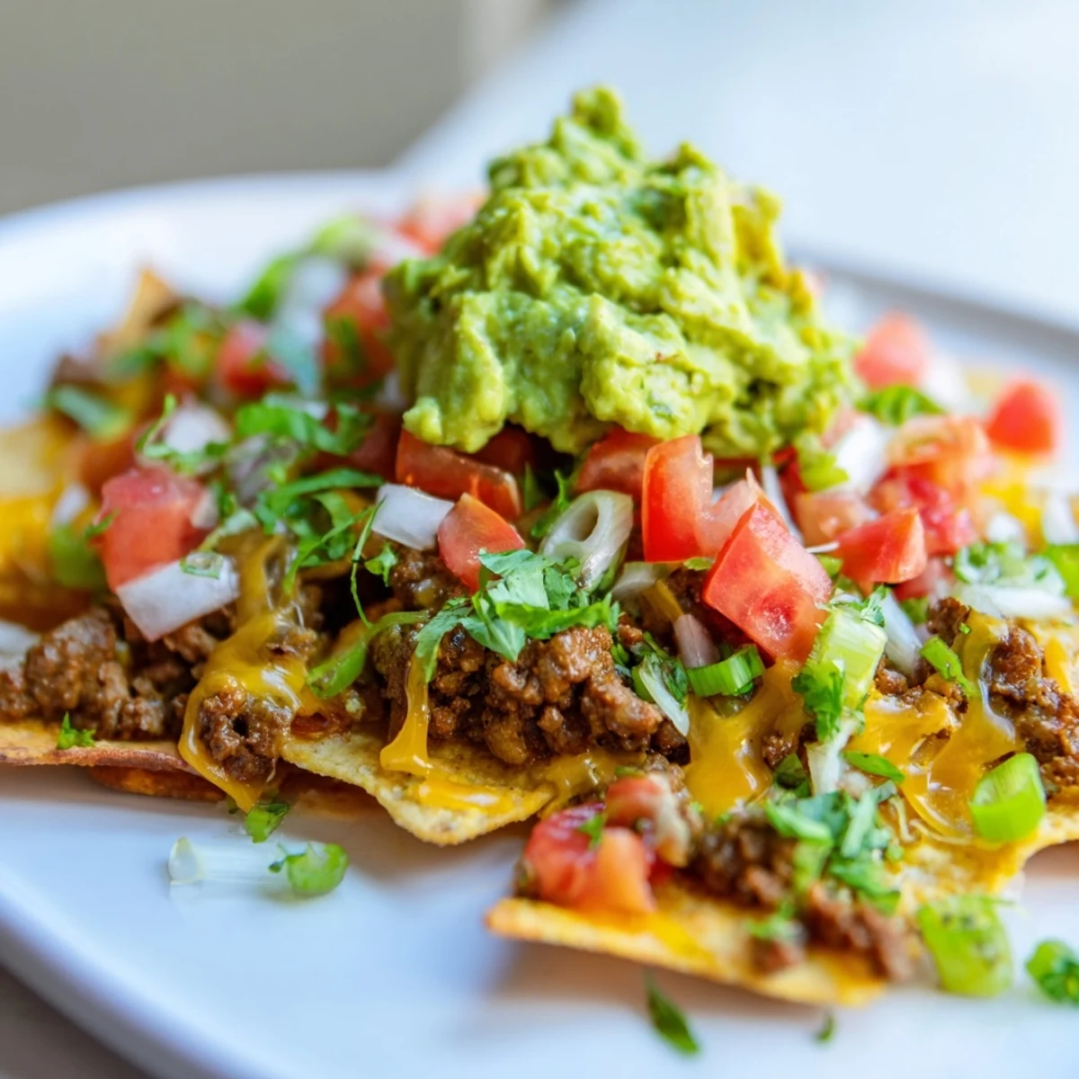 A close-up of sizzling Beef Nachos with Guacamole, featuring creamy avocado slices, melted cheese, and a sprinkle of red chili against a dark serving board.