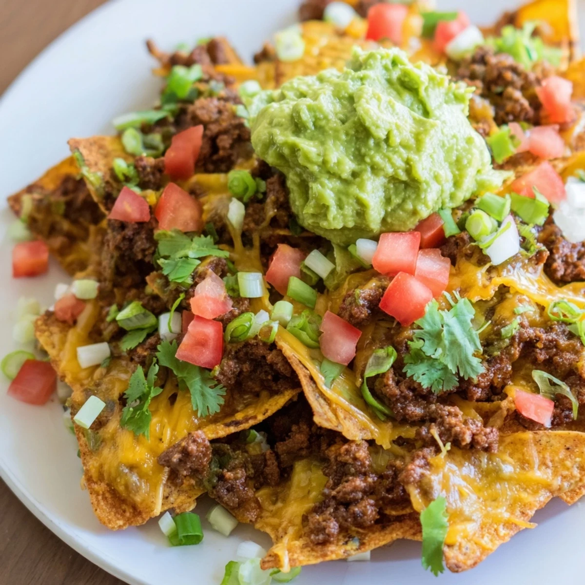 Perfect for game day, this platter of Beef Nachos with Guacamole showcases layers of seasoned beef, crunchy chips, and vibrant fresh toppings ready for sharing.