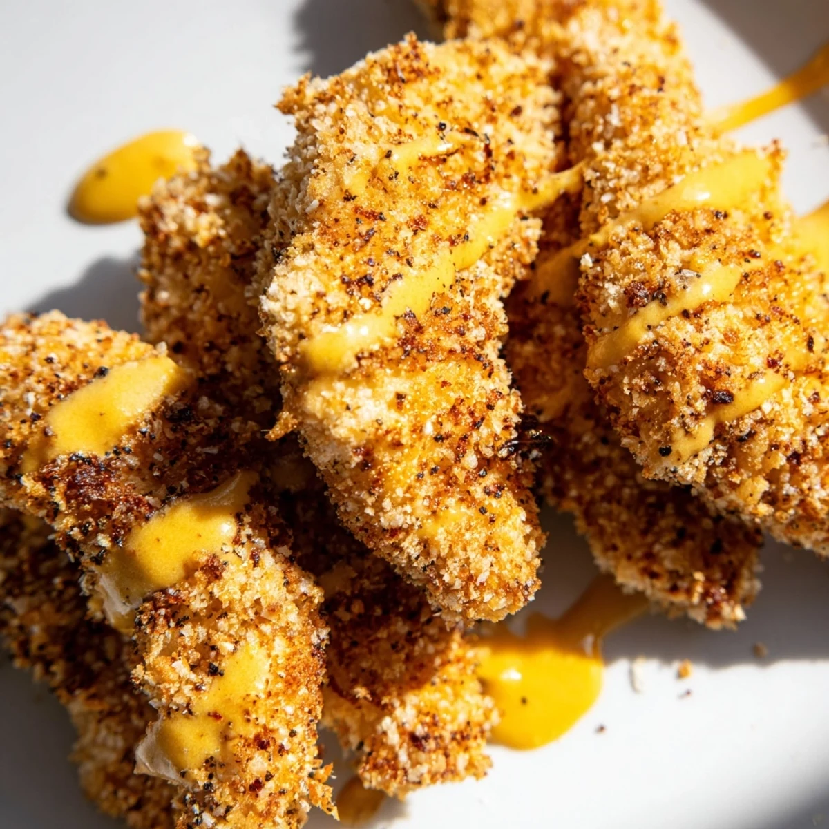 Golden-brown crispy baked chicken tenders arranged on a parchment-lined baking sheet, served with a small bowl of honey mustard sauce for dipping.  