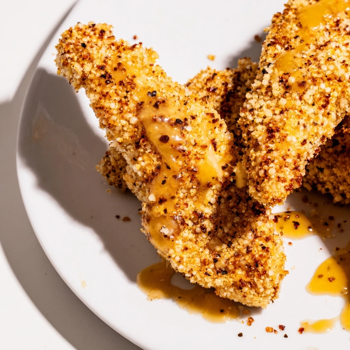 Crispy Baked Chicken Tenders with Honey Mustard, plated alongside fresh salad greens and lemon wedges for a bright family dinner.  