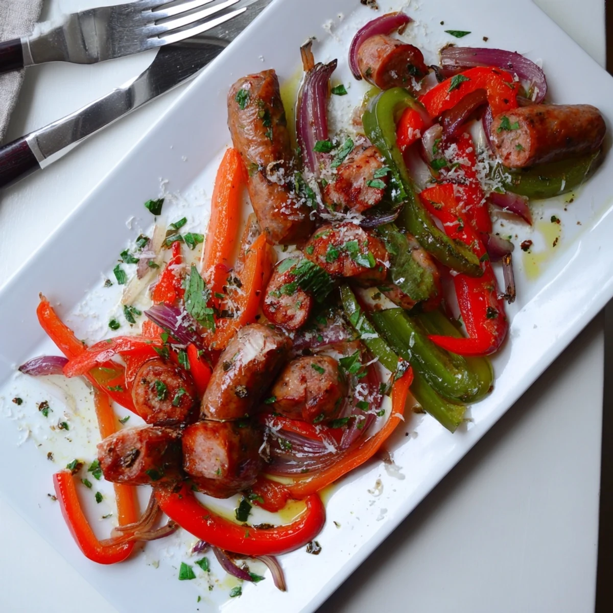 Golden-brown Sheet Pan Sausage and Peppers roast with onions, glistening with olive oil and herbs on a dark baking sheet.