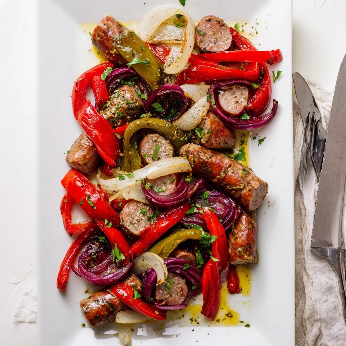 Tender roasted vegetables and sliced sausages make an easy Sheet Pan Sausage and Peppers dinner, perfect for busy weeknights.
