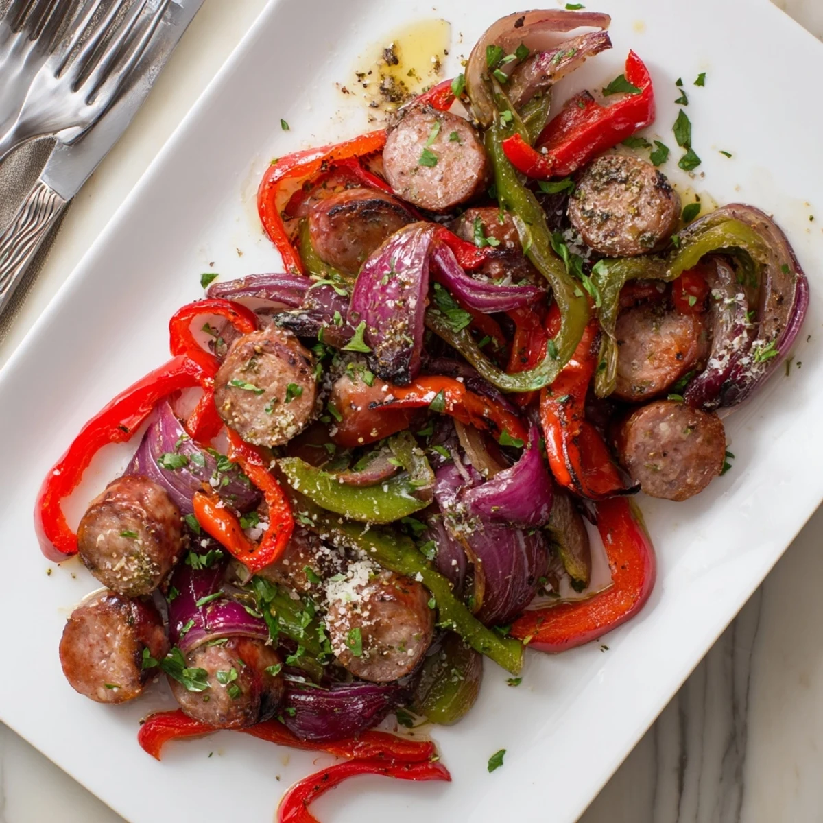 Steam rises from the finished Sheet Pan Sausage and Peppers served over rice, garnished with parsley and Parmesan cheese.