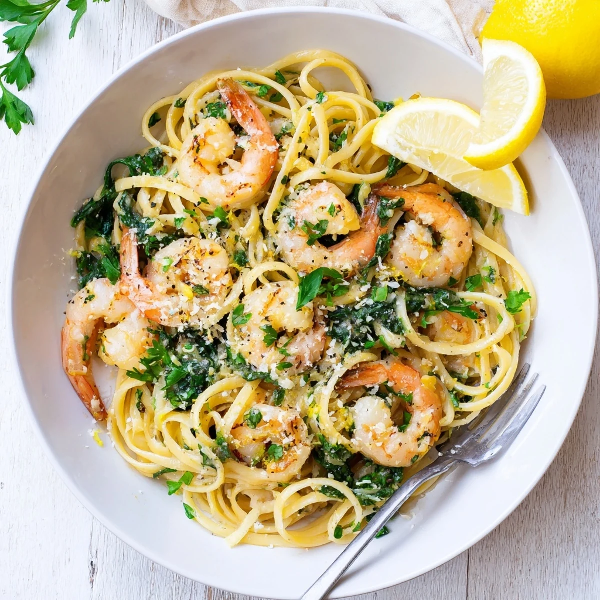 A close-up of Lemon Garlic Shrimp Pasta with Spinach, featuring bright green wilted spinach leaves clinging to linguine and plump pink shrimp.