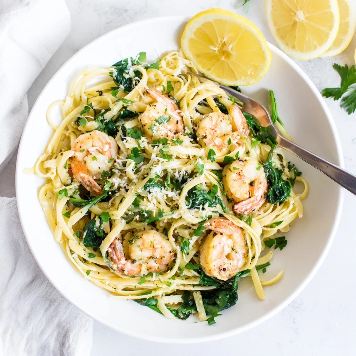 Succulent shrimp, golden pasta, and fresh spinach are tossed in a glossy lemon-garlic sauce in a large skillet.