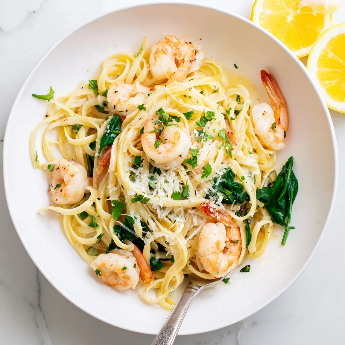 Serve Lemon Garlic Shrimp Pasta with Spinach on white plates, garnished with parsley and lemon wedges for a bright, zesty meal.
