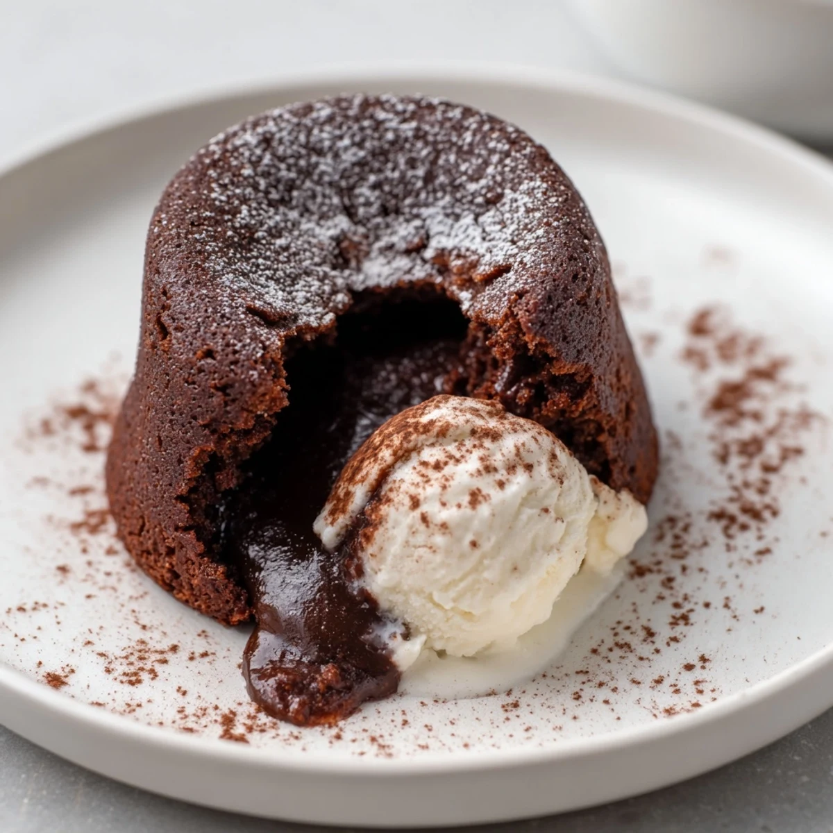 In a white ramekin, a decadent chocolate lava cake is served, dusted with powdered sugar and a dollop of creamy vanilla ice cream.