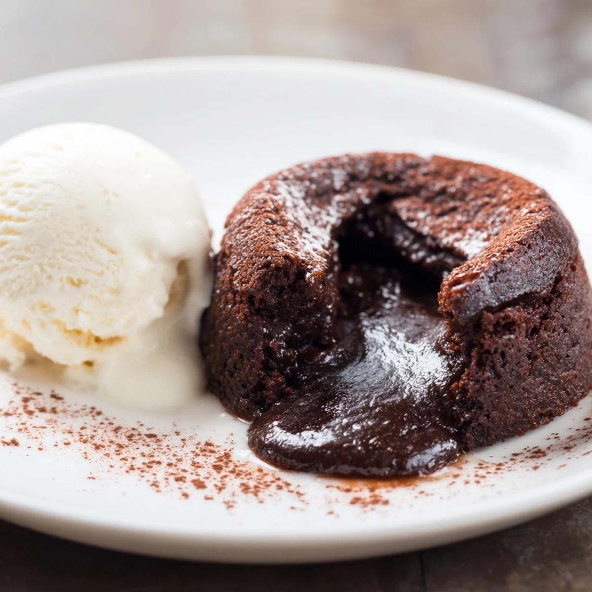 A close-up of a warm chocolate lava cake with a rich, molten center flowing out, topped with a scoop of vanilla ice cream.