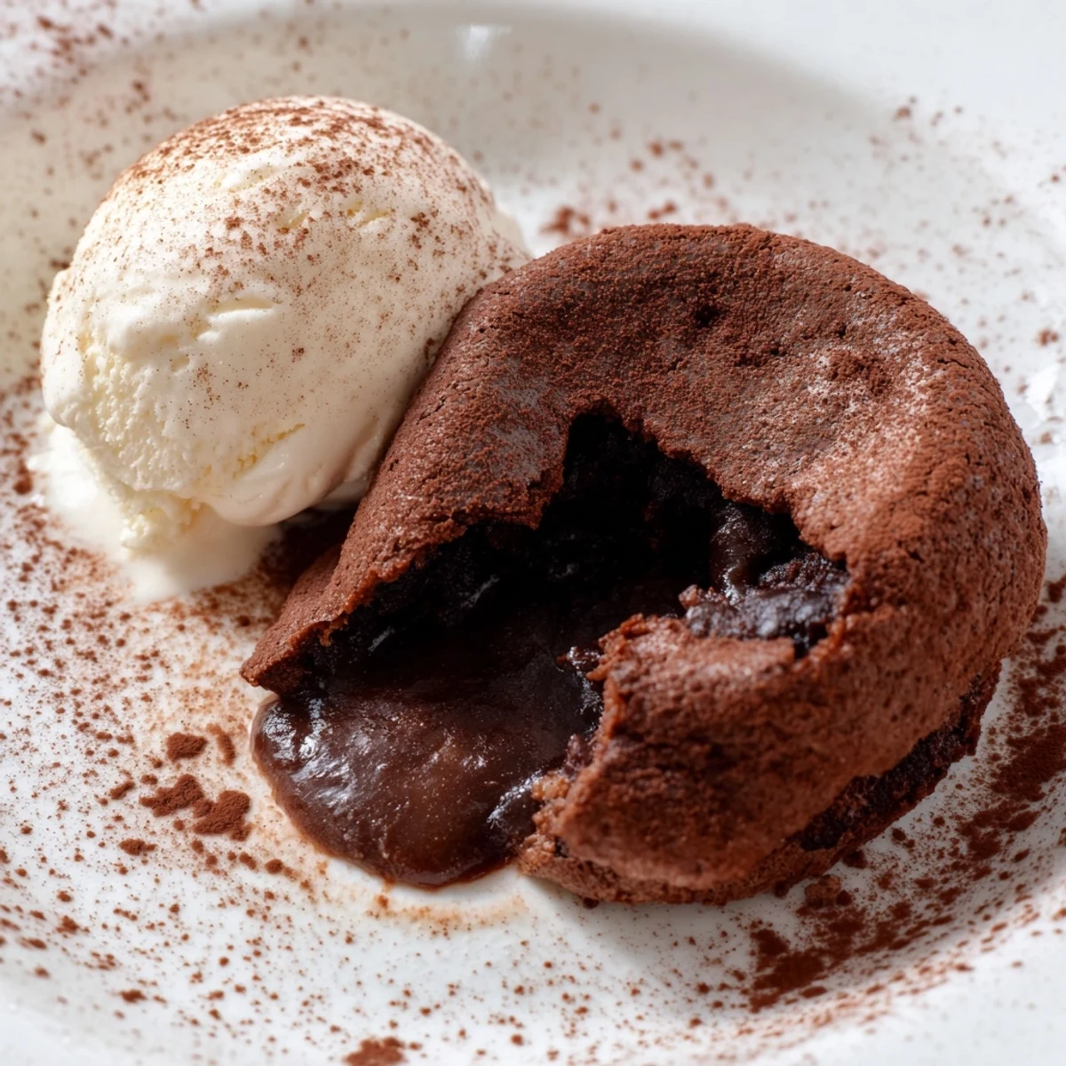 Rich, gooey chocolate lava cake with a flowing center, paired with vanilla ice cream, ready to enjoy after baking.