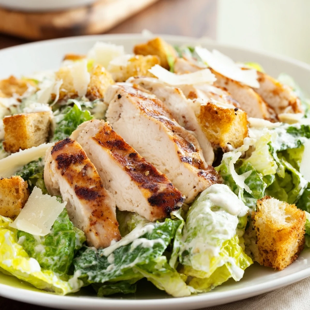 Golden, crunchy homemade croutons top this classic Chicken Caesar Salad, served on a white plate.