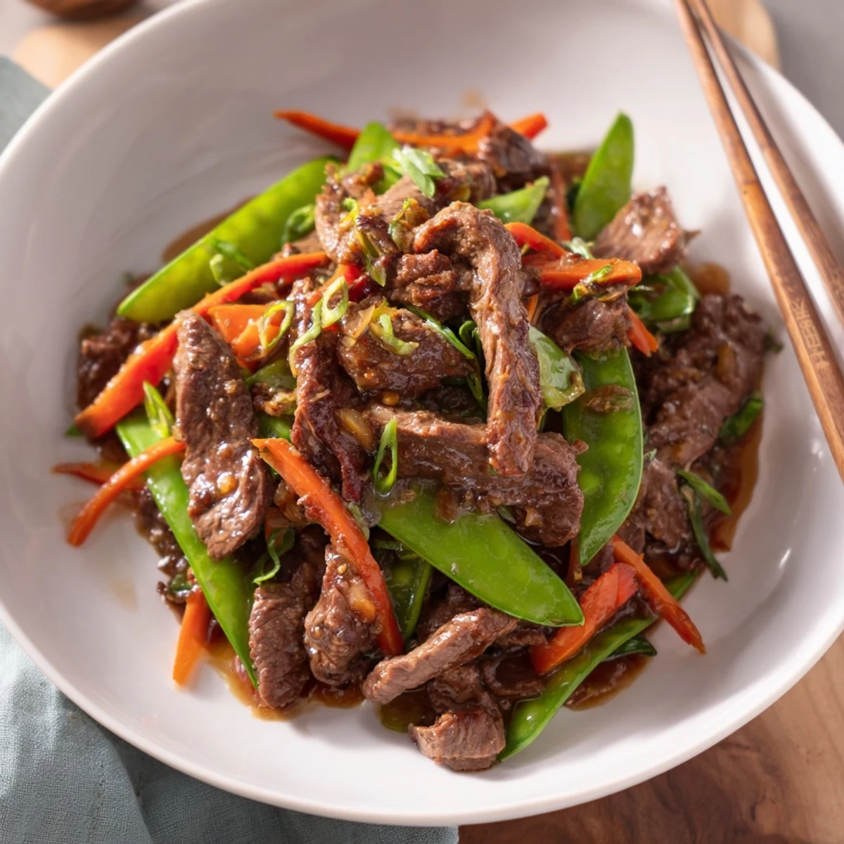 Tender beef and crisp snow peas in a savory sauce for Beef Stir Fry with Snow Peas and Carrots.