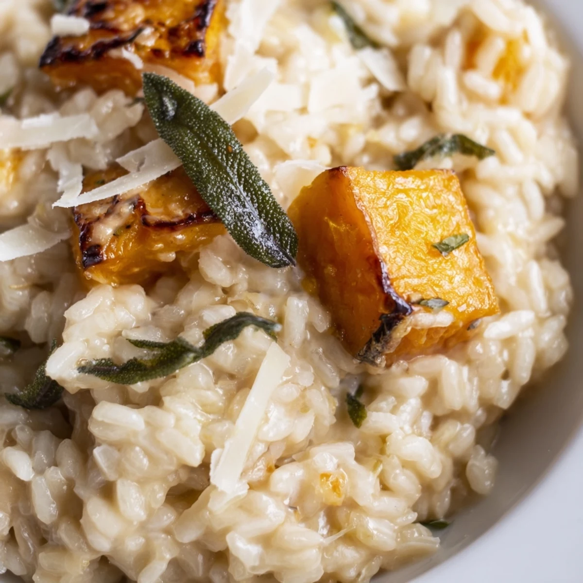 Creamy winter squash risotto with sage and parmesan garnished in a rustic bowl. 