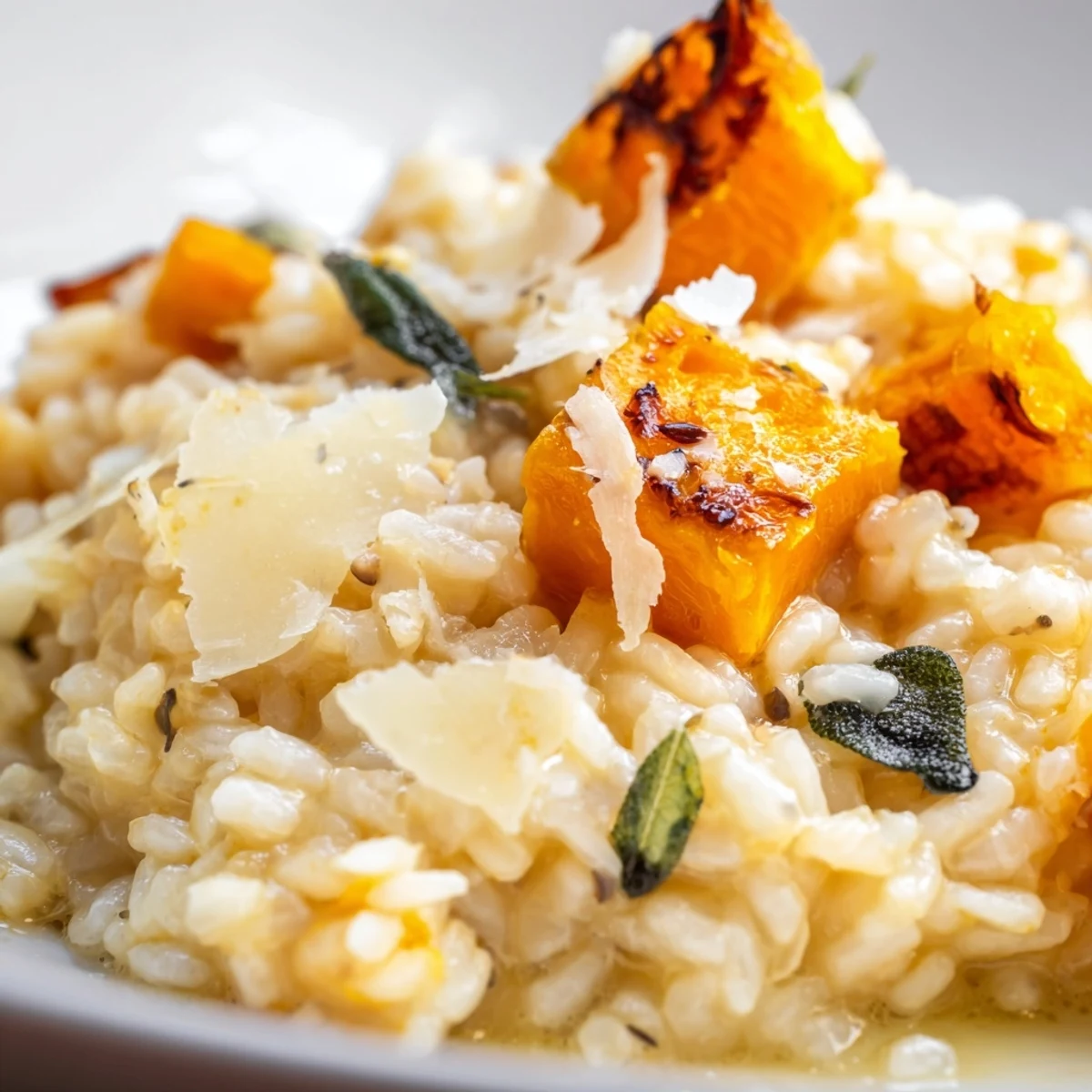 Golden roasted winter squash risotto with sage and parmesan served on a plate. 