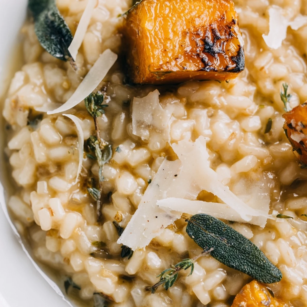 Steaming winter squash risotto with sage and parmesan in a ceramic serving dish.