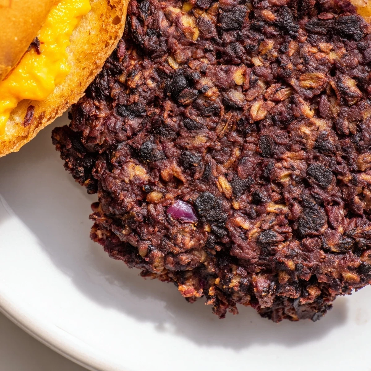 A close-up of a Vegan Black Bean Burger with Chipotle Mayo, garnished with fresh lettuce, tomato, and avocado on a toasted bun.