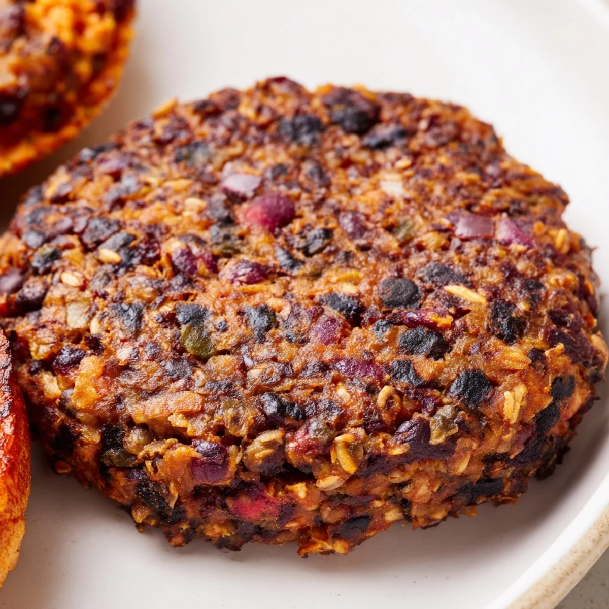 Golden-brown Vegan Black Bean Burger patty topped with creamy chipotle mayo, red onion rings, and vibrant greens on a rustic platter.