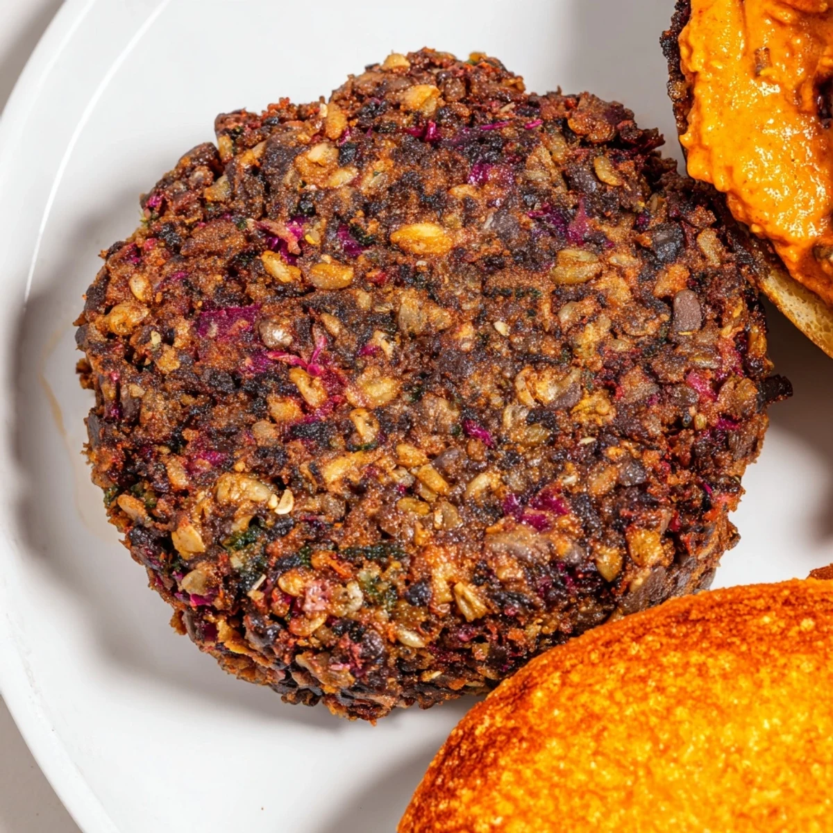 Savory Vegan Black Bean Burger with Chipotle Mayo served with sweet potato fries and a lime wedge on a wooden board.
