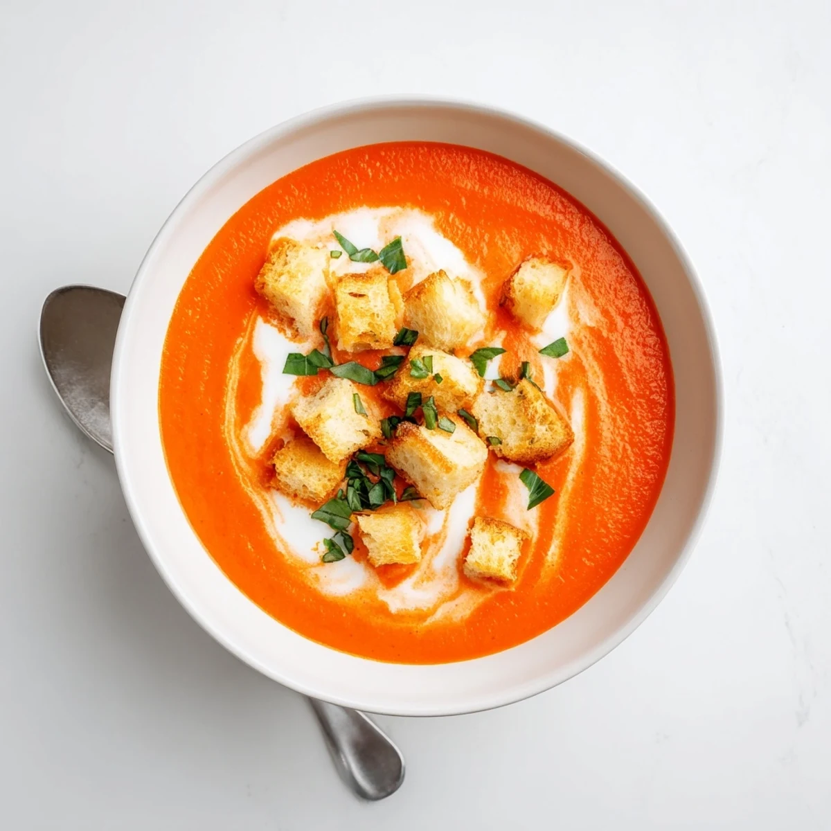 A close-up of creamy tomato basil bisque in a white bowl, topped with golden croutons and fresh basil garnish.