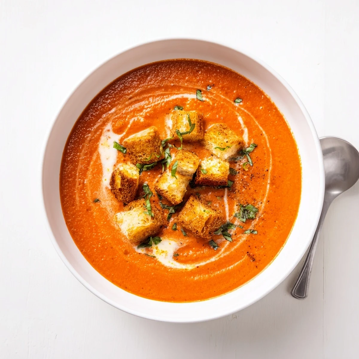 Steaming bowl of homemade tomato basil bisque garnished with crispy croutons and a swirl of cream.