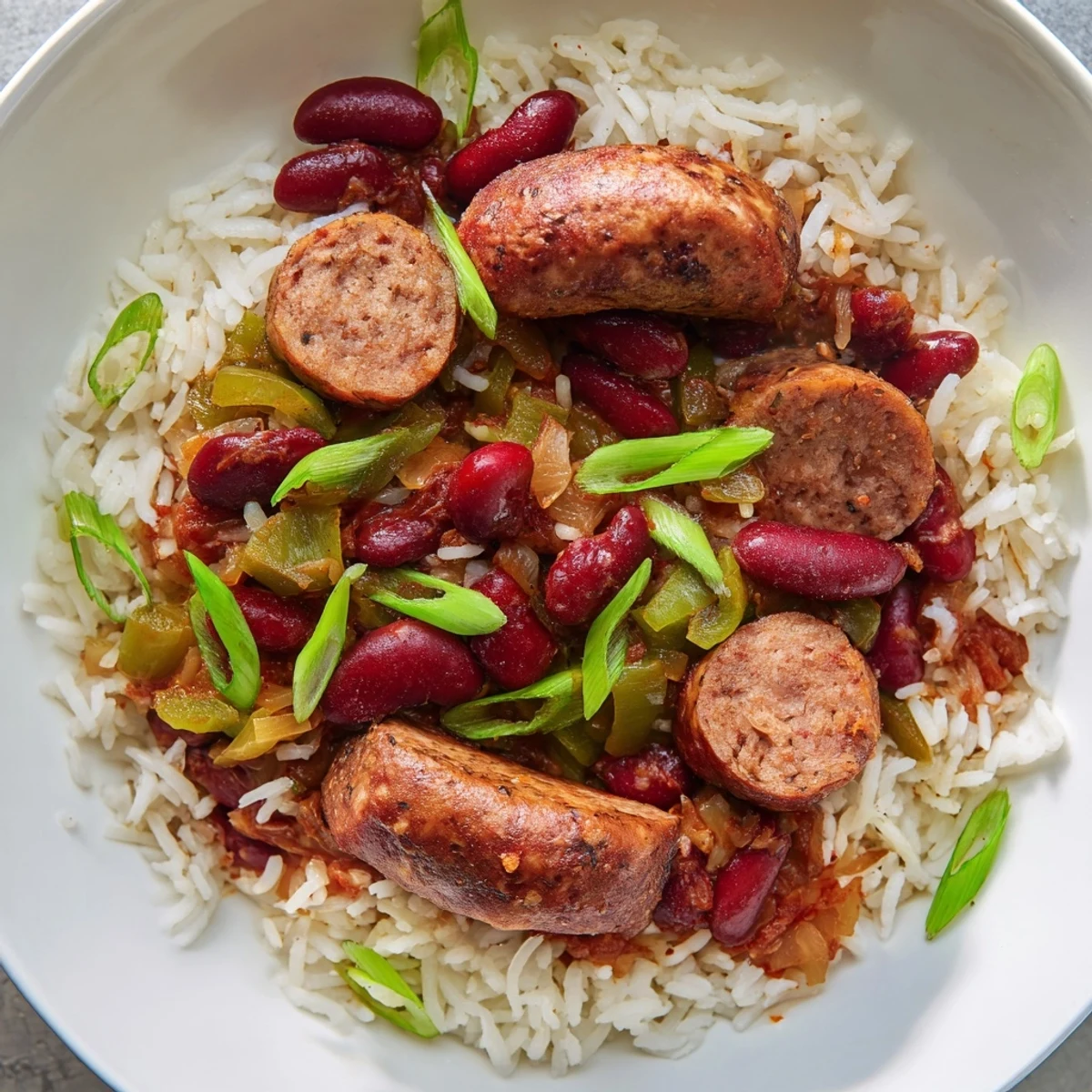 Festive Mardi Gras Rice and Beans with Halal Sausage garnished with green onions, served in a rustic bowl.