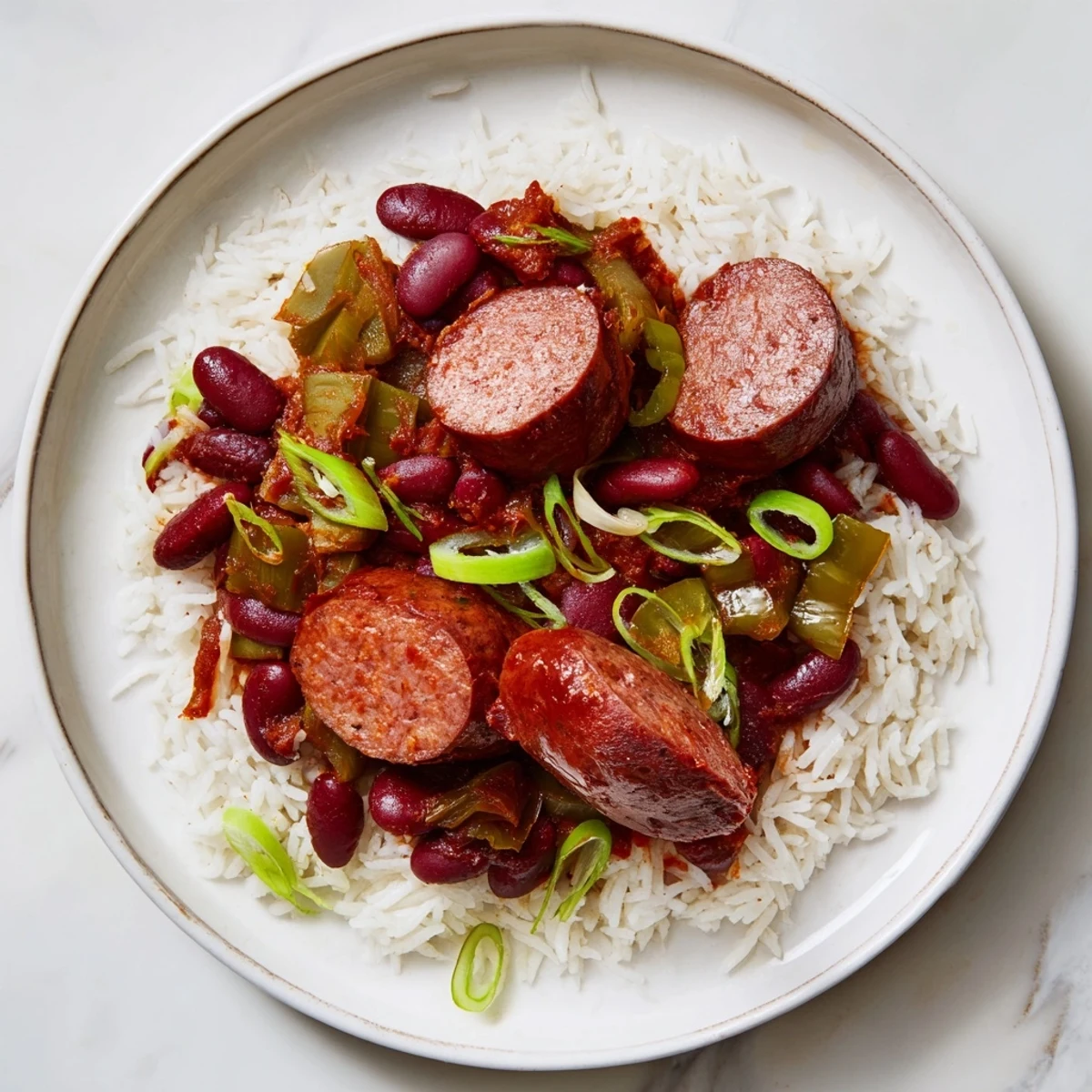 A skillet of Mardi Gras Rice and Beans with Halal Sausage simmering with bell peppers, onions, and spices.