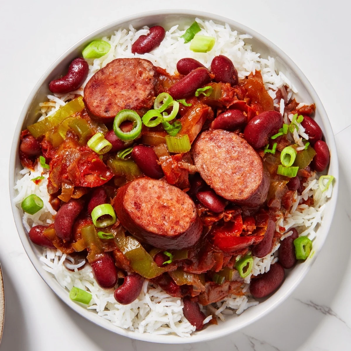 Close-up of Mardi Gras Rice and Beans with Halal Sausage showing fluffy rice, tender red beans, and seared sausage.