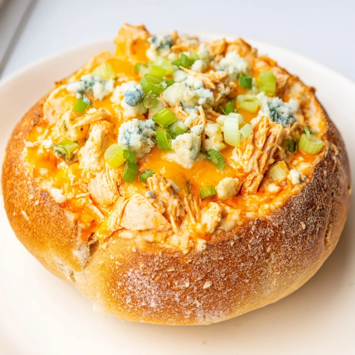 Steaming Tailgate Buffalo Chicken Dip fills a hollowed sourdough bread bowl, ready for game day dipping.  